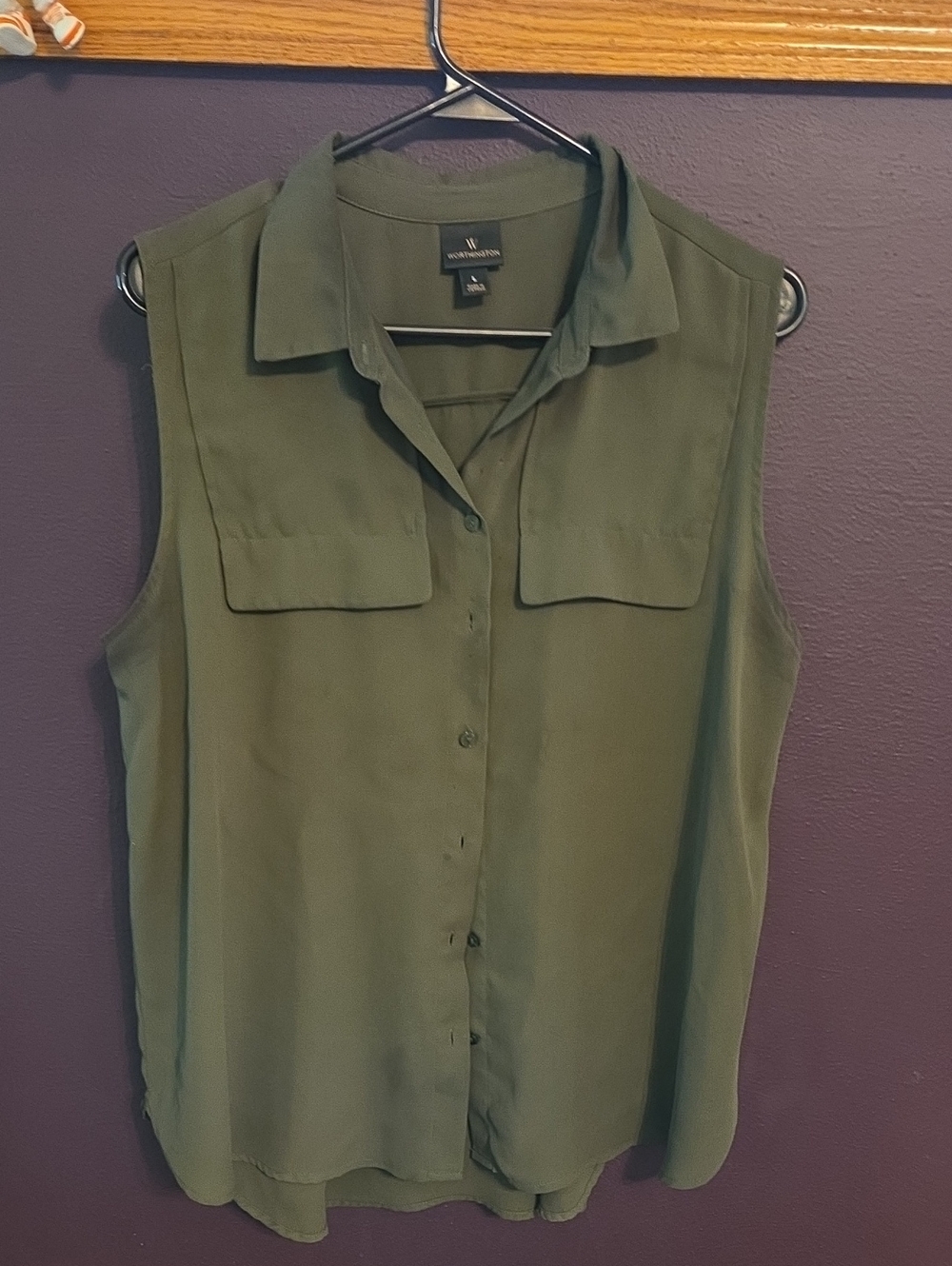 Worthington Olive Green Sleeveless Button-Down Shirt with Flap Pockets
